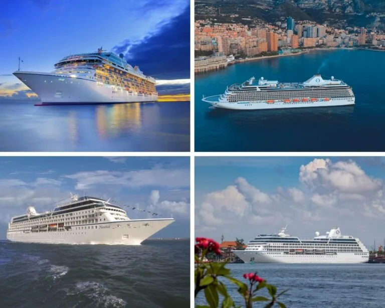 Collage of four cruise ships in different settings; one at sunset, another docked in a bustling port, the third cruising on open sea with notable ship size, and the last near a coastal city