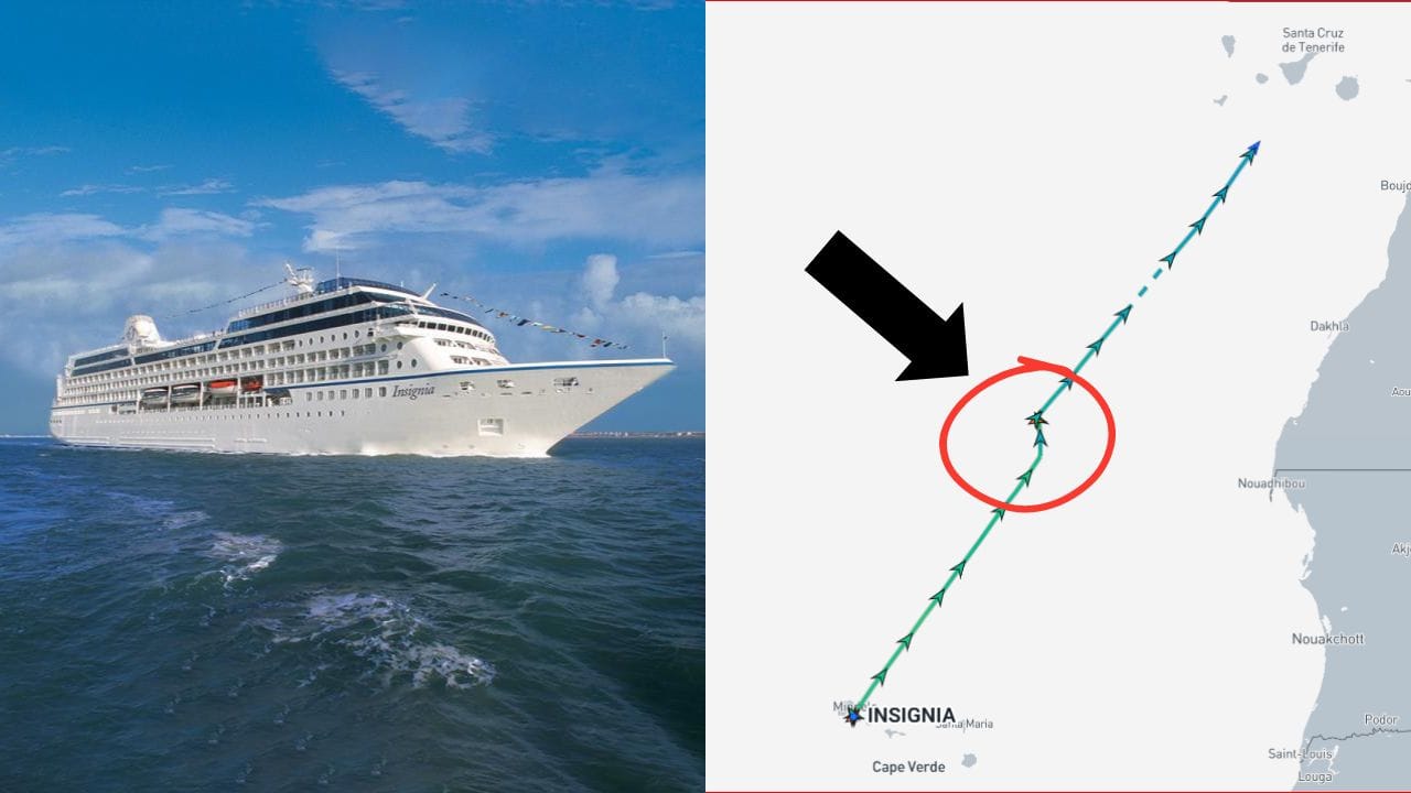 Image shows an Oceania Cruise ship sailing on the ocean, juxtaposed with a map highlighting the ship's route, marked by an arrow and a red circle, indicating its current position near Cape Verde en route to the Canary Islands.