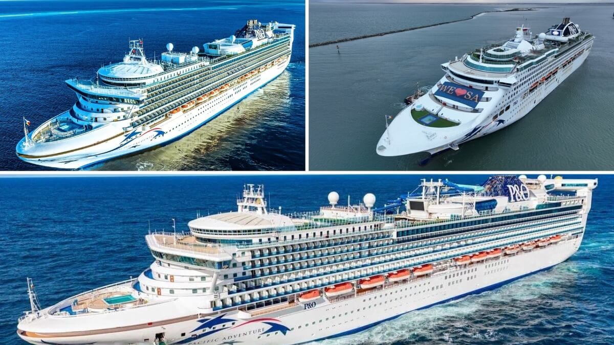 Three large P&O cruise ships on the open sea, each with multiple decks and lifeboats visible on their sides, showing different angles and designs. From biggest to smallest, these AUS vessels boast luxurious amenities for every traveler.