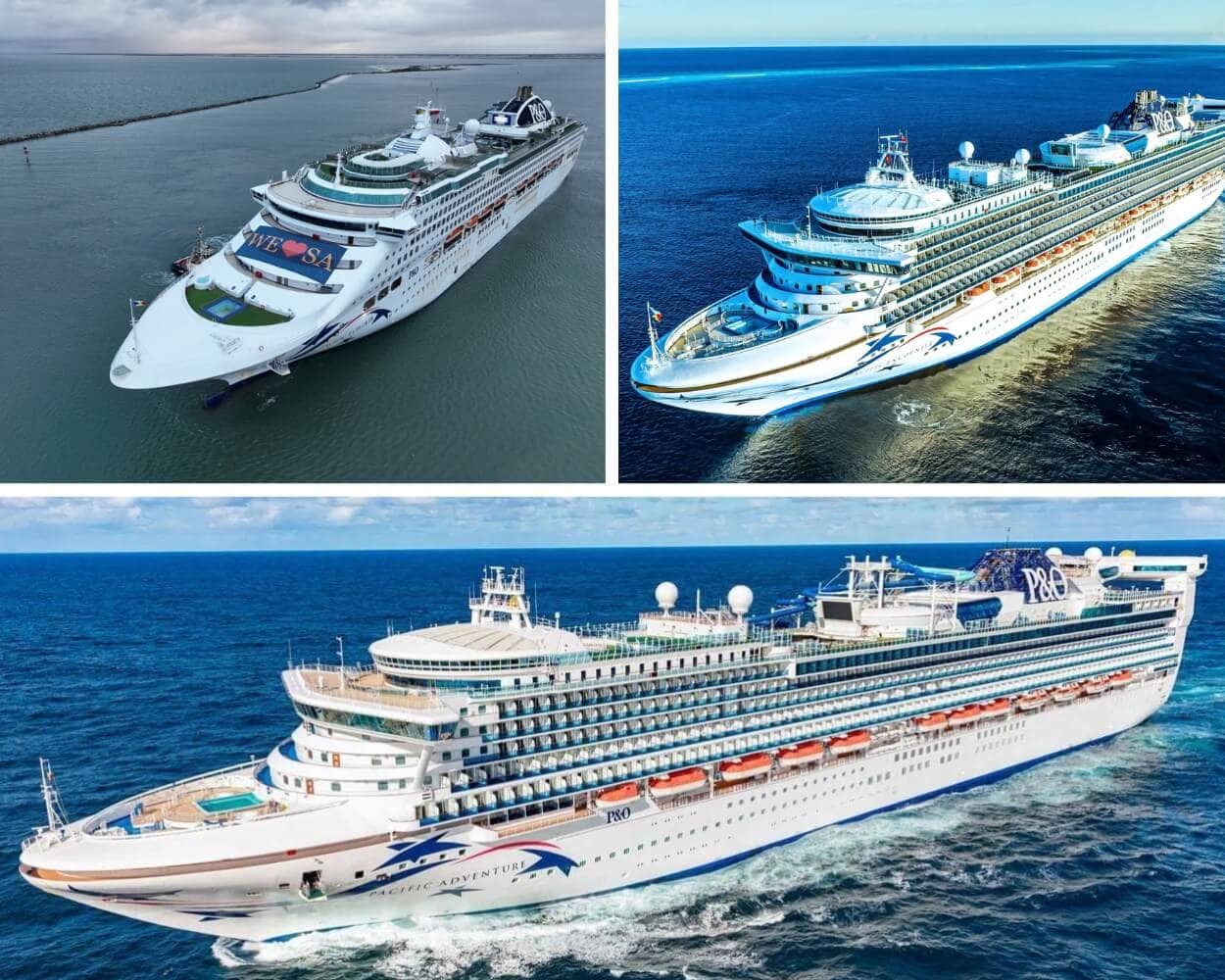 Three images of P&O cruise ships sailing on the ocean under clear skies. The biggest to smallest ships feature distinctive blue and white designs and are seen from various angles.