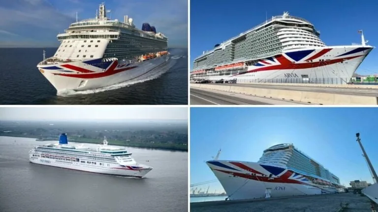 Four images of P&O Cruise Ships, all proudly displaying the P&O Cruises insignia. The ships, known for their impressive size, are shown from various angles, including in open water and docked at a UK port.