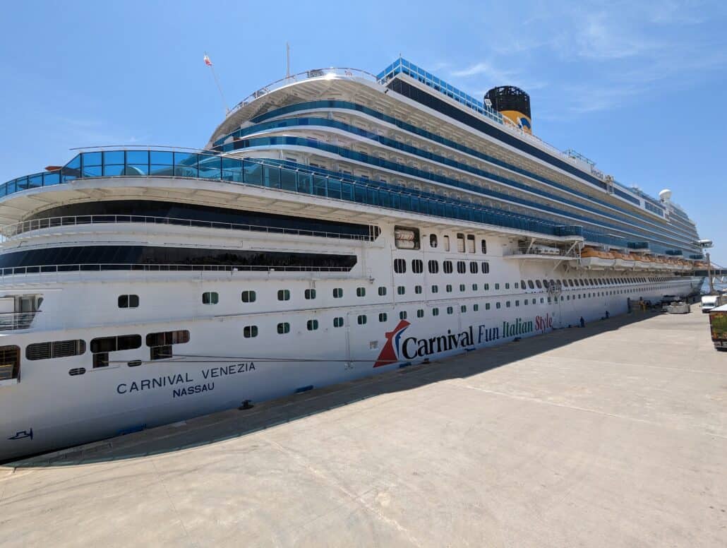 Exterior view of Carnival Venezia during daytime in Lisbon, Portugal