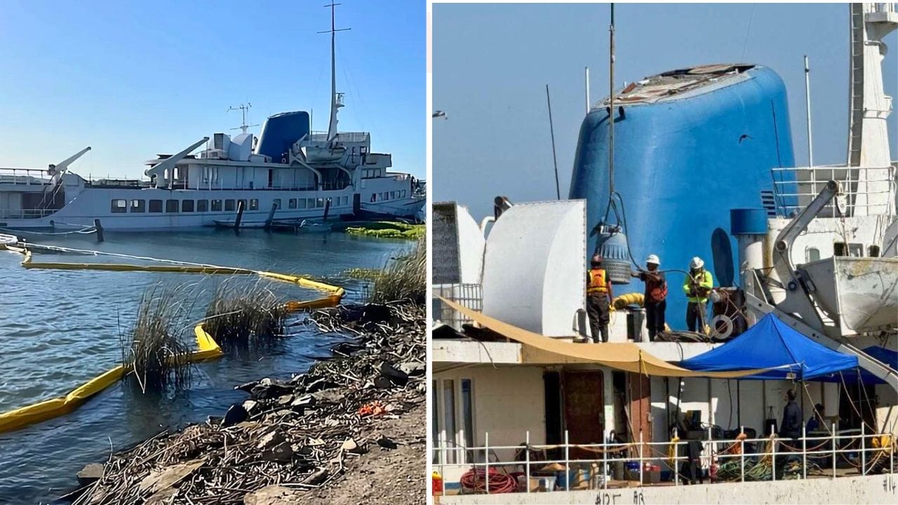 Two images: Left shows a stationary cruise ship surrounded by floating containment booms on the California Delta, suggesting an oil leak. Right shows workers in safety gear repairing the top structure of another vessel.