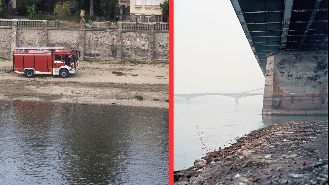 A fire truck is parked on a dry riverbed next to a stone wall (left). A large bridge extends over a foggy river with its base visible (right), reminiscent of a scene that might alarm even the steadiest cruise ship captain.