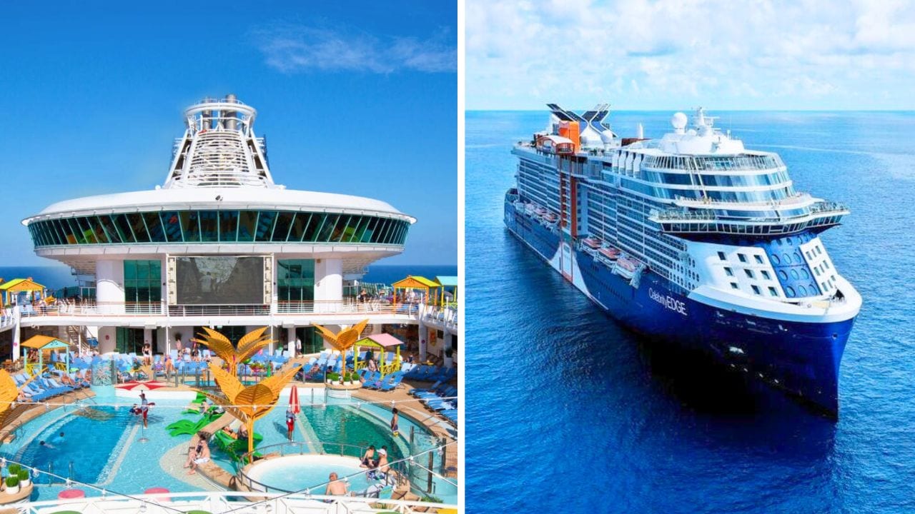 Split image: Left side shows a deck of a cruise ship with a pool and lounging area under a clear sky; right side shows the Royal Caribbean's "Celebrity Edge" sailing in the ocean, highlighting the allure of top-tier cruise lines.