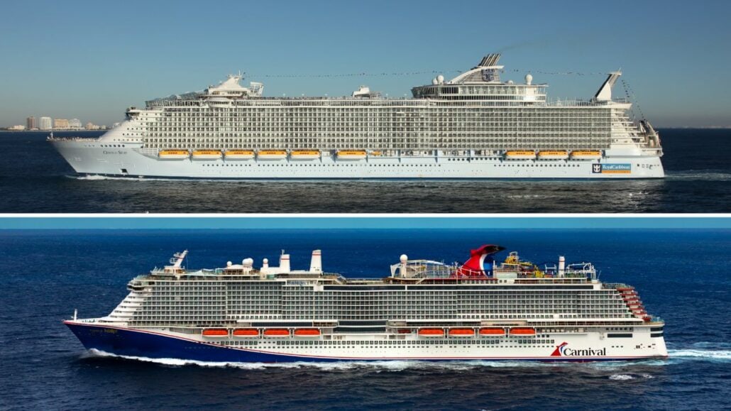 Two pictures of Royal Caribbean and Carnival cruise giants in the ocean.