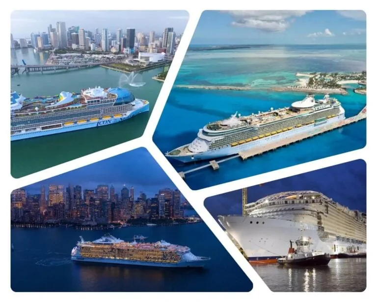 A collage of pictures of cruise ships docked in a city, including some royal caribbean ships.