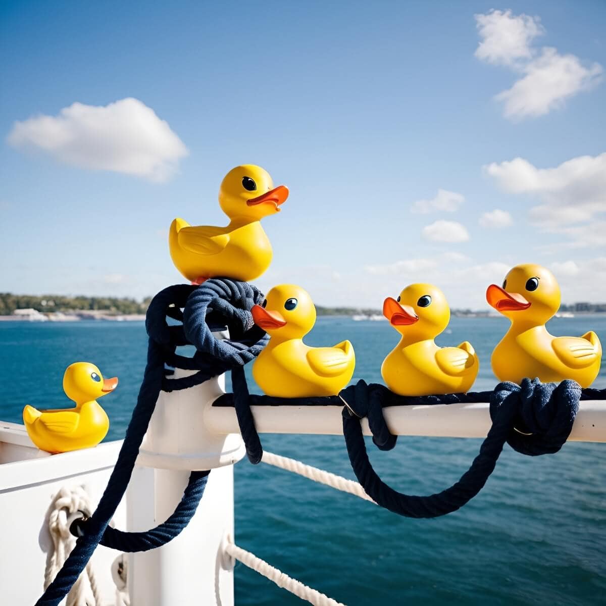 A group of cruise ducks on a white railing with blue ropes.