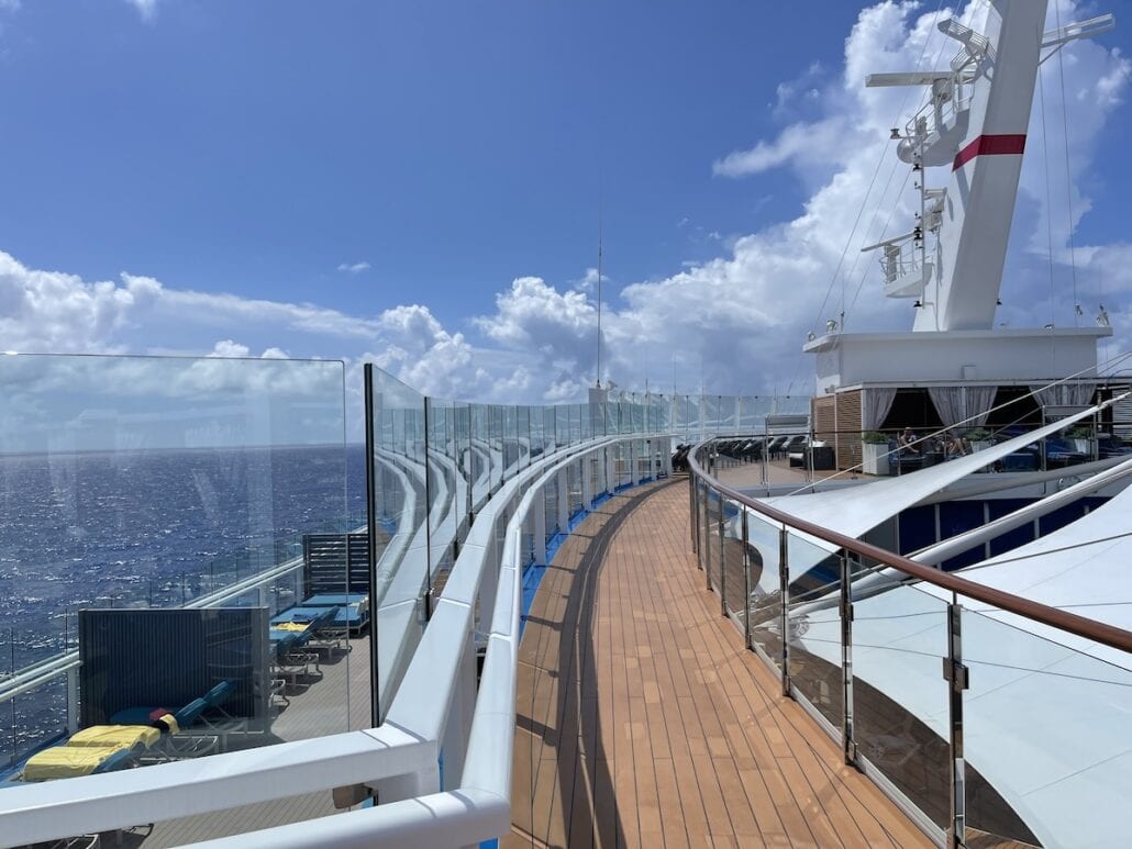 A deck on a cruise ship with a view of the ocean and Spain's drought emergency.