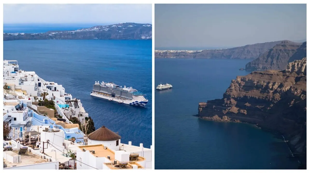 A split image shows white buildings on a cliffside in Greece with a cruise ship in the sea on the left and two ships navigating near rugged cliffs on the right, highlighting both beauty and potential overtourism in this coastal paradise.