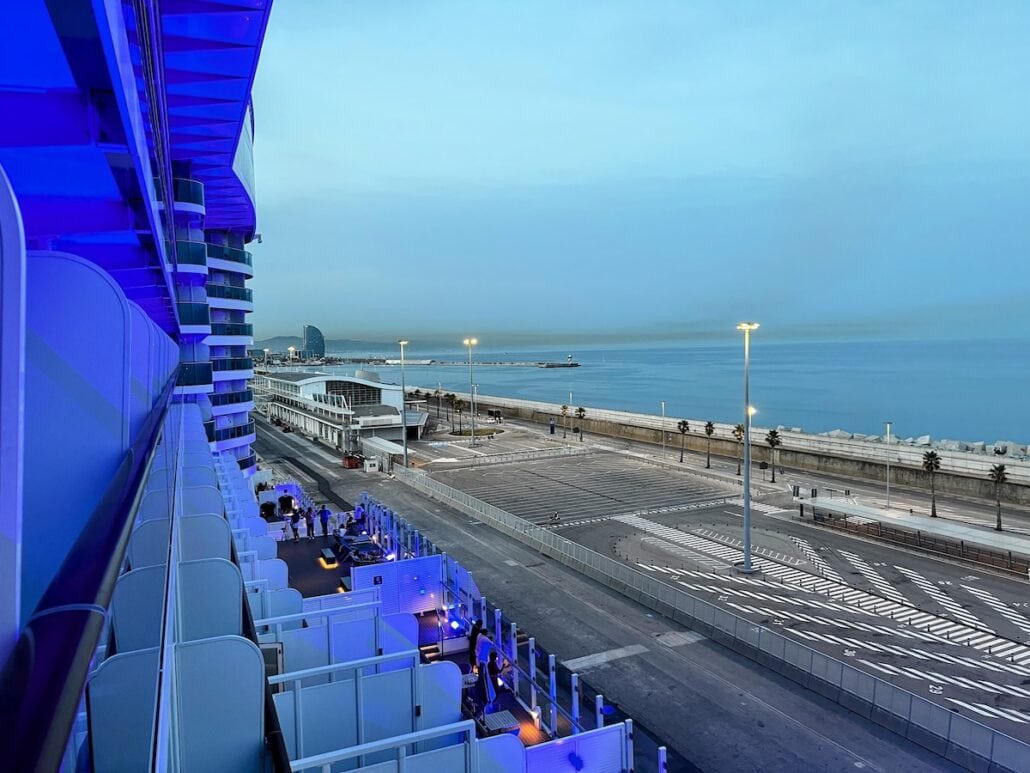 A balcony overlooking the ocean at dusk in Spain's Drought Emergency.