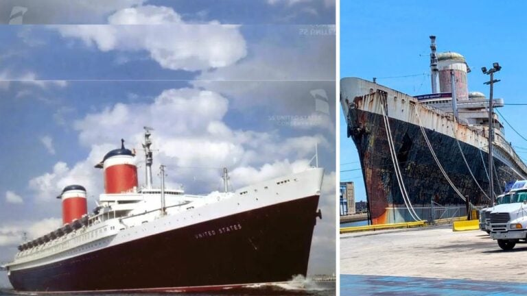 Two pictures of an ocean liner, SS United States, and a truck parked next to it.