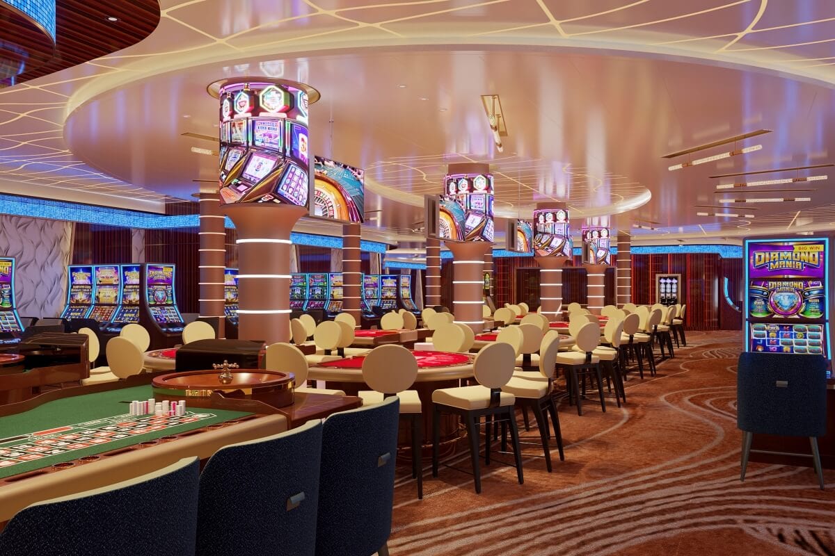 A casino with a poker table and chairs, offering a free cruise.