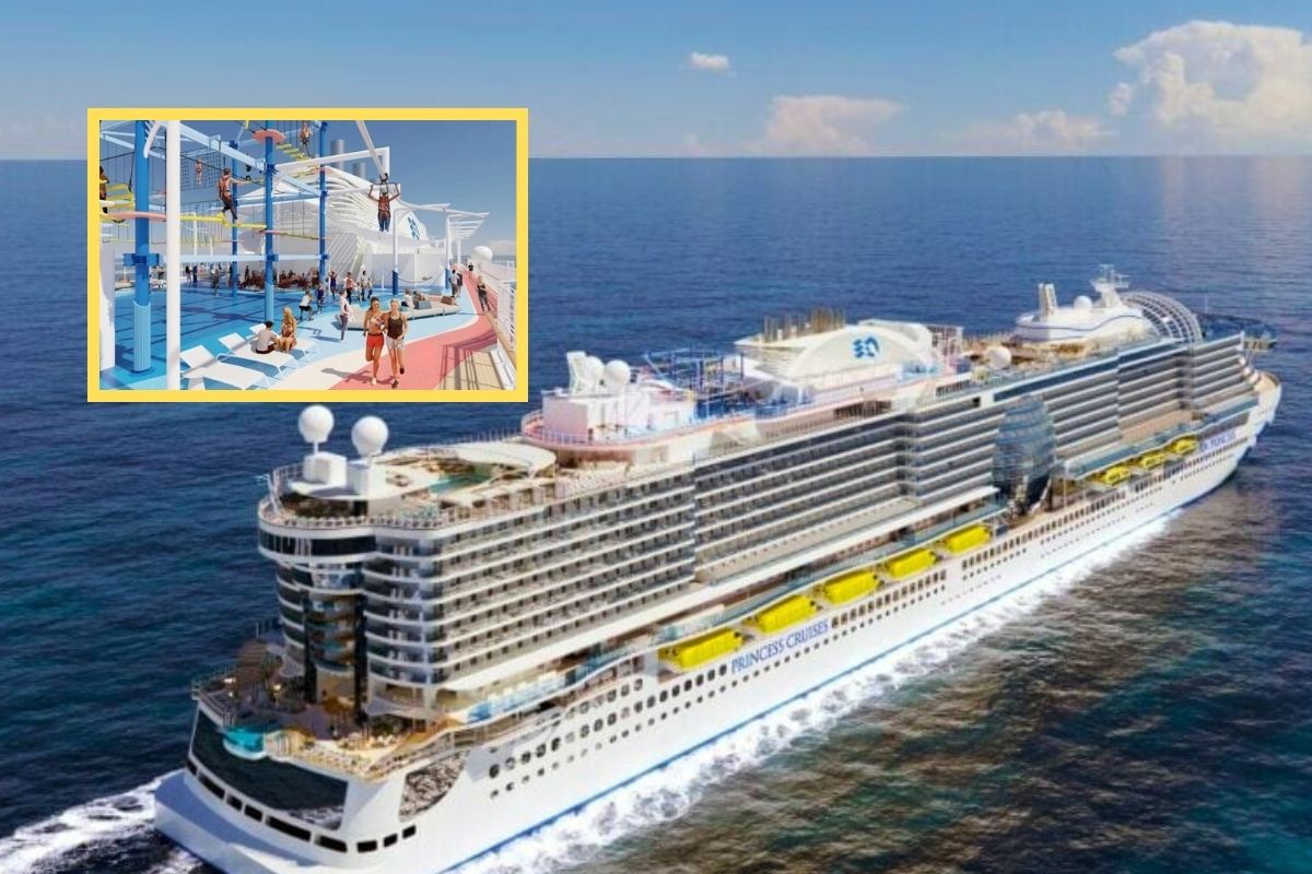 A large cruise ship from the new line sails through the ocean. An inset shows a close-up of an outdoor recreational area on the top deck, featuring a ropes course with people participating.