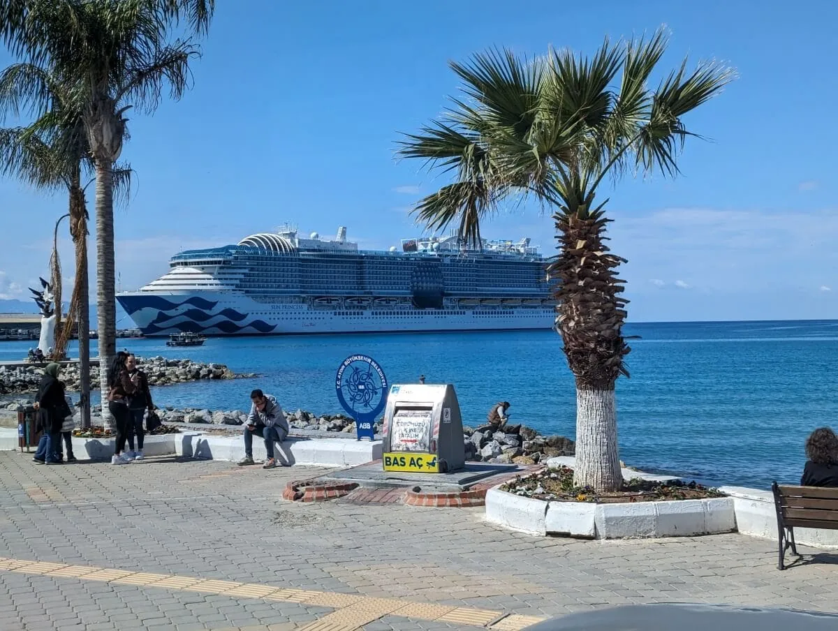 A Sun Princess cruise ship docked near a palm-lined promenade with people enjoying the coastal setting.