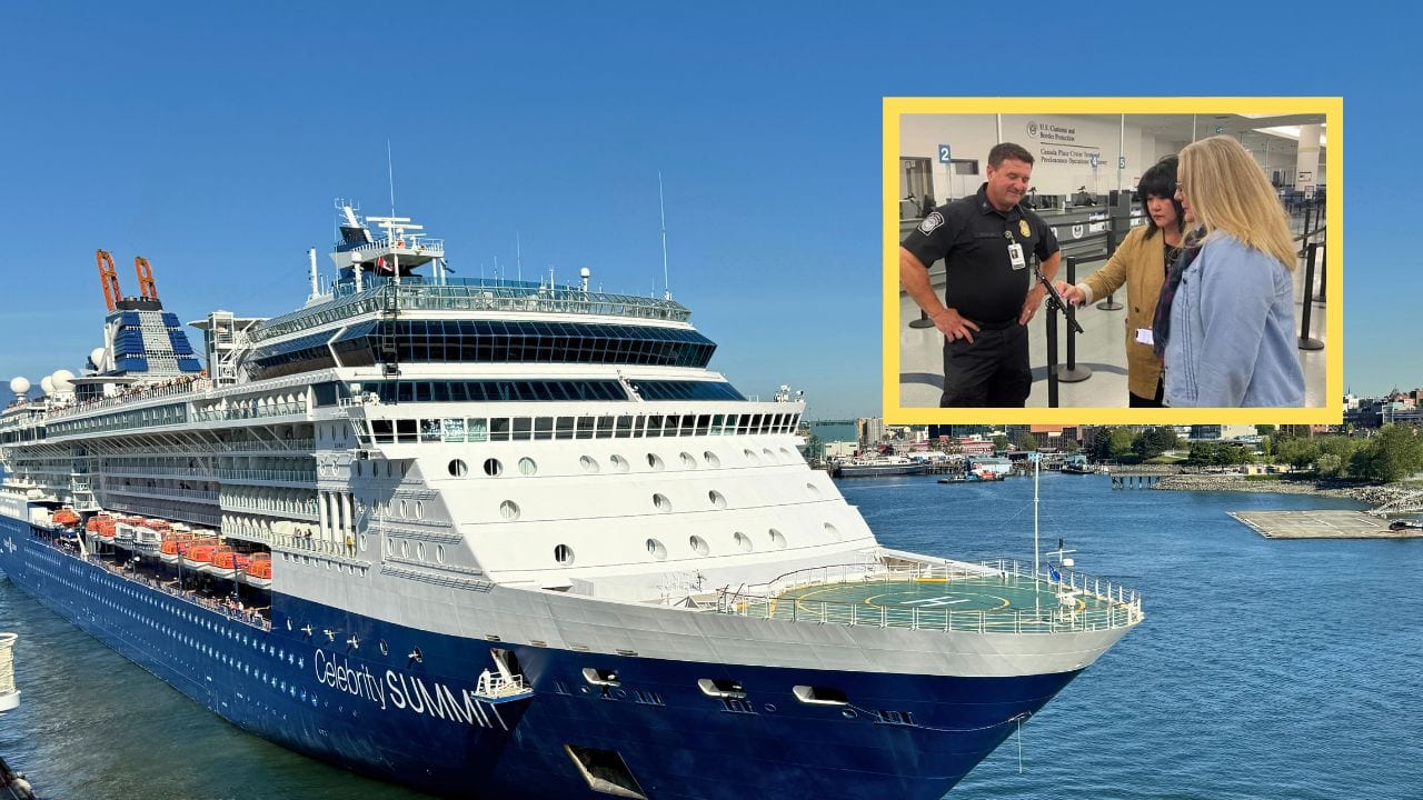 A cruise ship is docked in a harbor. Inset: Two officials speak with a woman in an indoor setting, likely discussing facial scanning procedures for cruise ship embarkation in Vancouver.