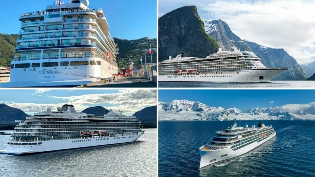 A four-image collage showcases the impressive size of the Viking Star, a large white vessel from Viking Cruise Ships, as it gracefully sails through scenic locations, including ports, fjords, and icy waters.