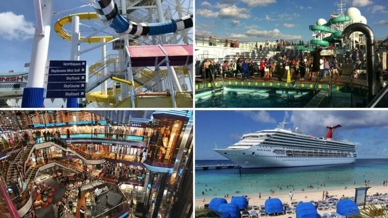 A collage of the Carnival Destiny features a water slide on the cruise ship, a pool area buzzing with people, the vibrant interior of a lively deck, and the ship docked at a beach adorned with blue umbrellas and chairs.