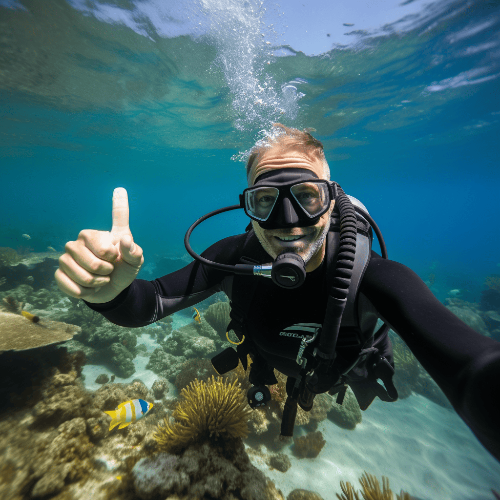 About: A man in scuba gear underwater giving a thumbs up.