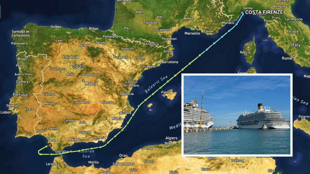 A map displaying the Carnival Cruise ship's current location in Spain.