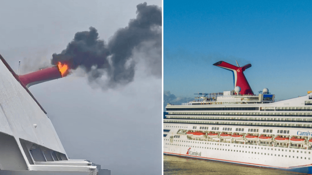 Fire erupts from the funnel of the Carnival Freedom cruise ship while a clear image of the same type of ship is shown for comparison.