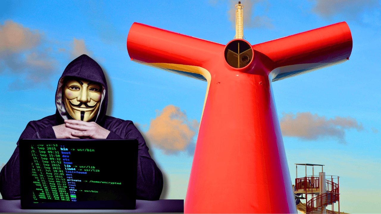 A person wearing a Guy Fawkes mask and a hoodie is typing on a laptop with code on the screen, implementing security measures. Beside them is a large red funnel against a blue sky background, reminiscent of Carnival Cruise Line's iconic ships.