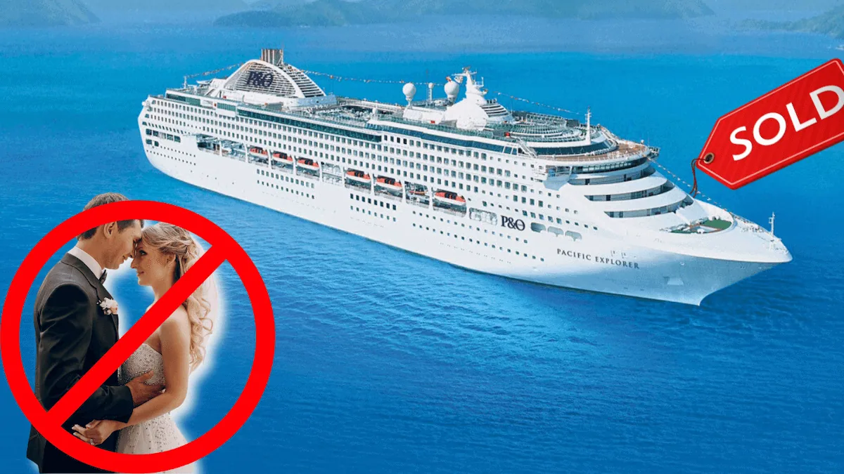 A large cruise ship labeled "Pacific Explorer" is pictured on the ocean with a "SOLD" sign. A couple in wedding attire is crossed out with a red prohibition symbol, indicating the Cruise Line has shut down operations, canceling dream weddings onboard.