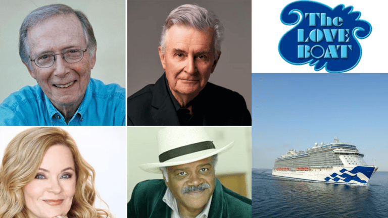 The original cast of Love Boat gathered in front of a cruise ship, with one man wearing a hat.