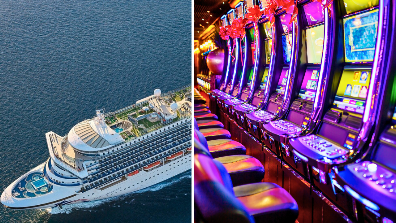 Side-by-side image: left shows an aerial view of a cruise ship on the ocean; right shows a row of illuminated slot machines in a casino, capturing the excitement of gambling onboard.