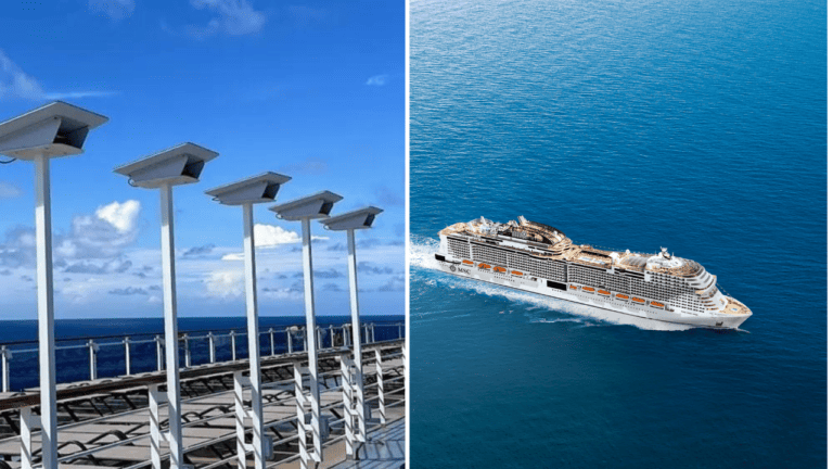 Two pictures of an MSC Cruise Ship with security cameras.