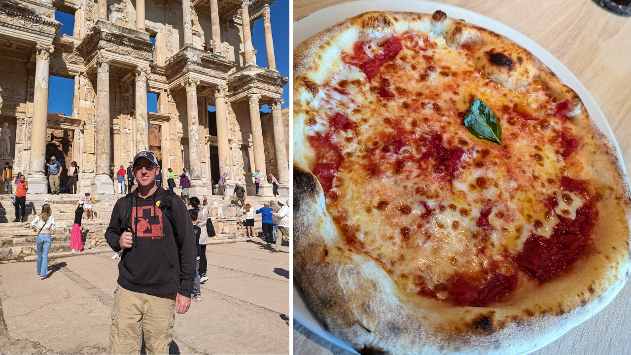 Split image featuring a man standing in front of ancient temple ruins on the left, and a close-up of a Sun Princess margherita pizza on the right.