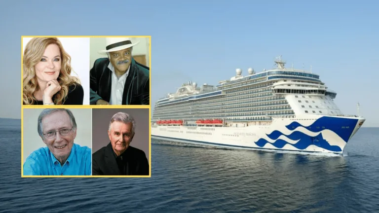 Four individuals' headshots, reminiscent of the cast from the original Love Boat, are arranged beside an image of a large cruise ship sailing on the water.