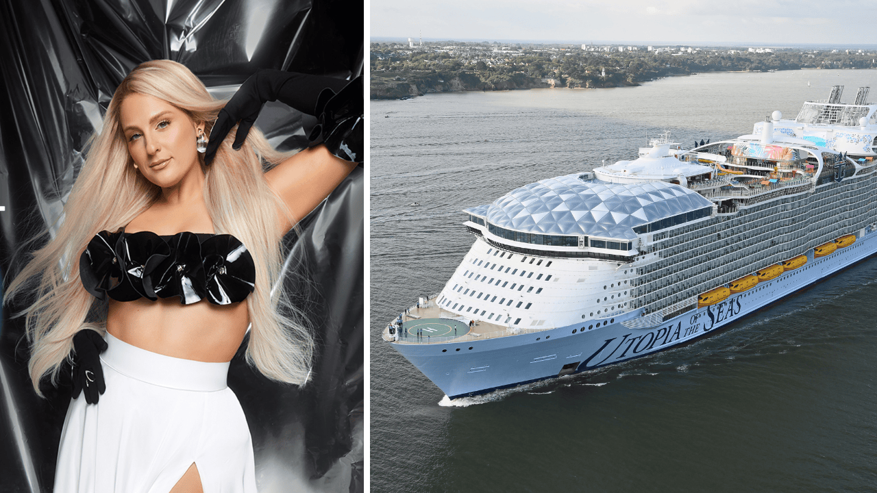 A person with long blonde hair posing in a fashionable outfit next to an image of the Utopia of the Seas, a large cruise ship sailing on the sparkling waters off Florida.