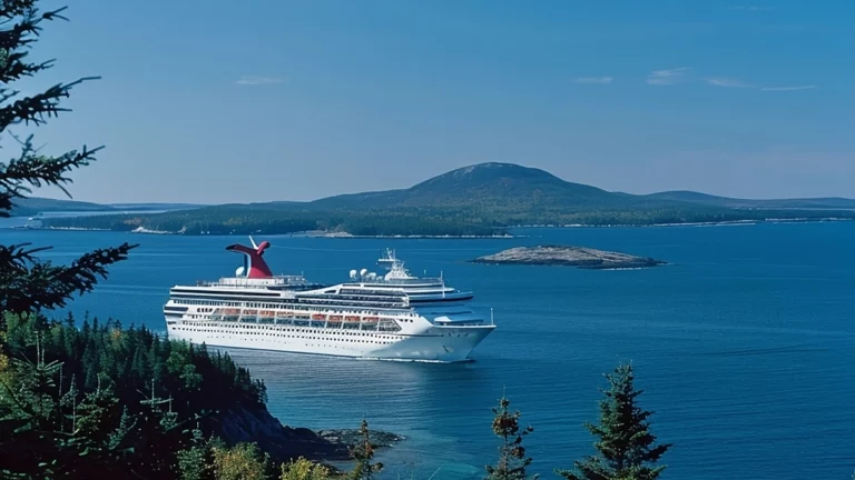 A large cruise ship in the water near a forest at Bar Harbor.