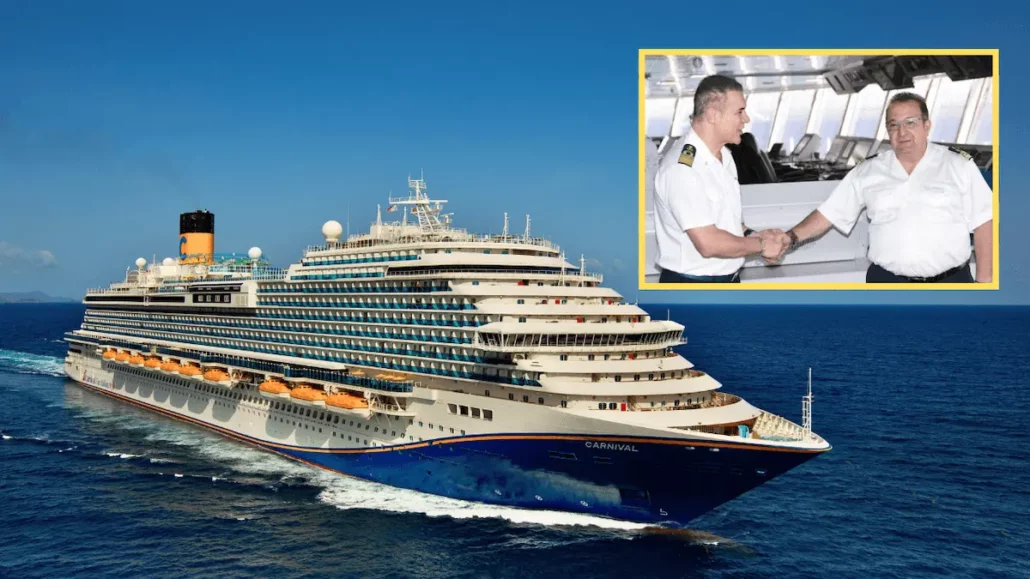 A picture of the 27th ship in Carnival's fleet, Carnival Firenze, with two men shaking hands.