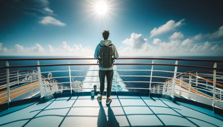 A single man is standing on the deck of a cruise ship, enjoying the ultimate cruising experience for solo travelers.